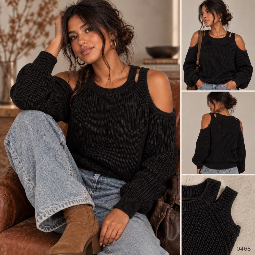 Hollister Womens Black Cold Shoulder Cotton Shaker Stitch Knit Sweater L 0468